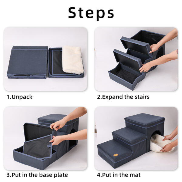 Foldable Dog Stairs With Storage - 3-Level Small To Medium Dog Breed Ramp, Oxford Fabric, Suitable For High Beds And Sofas, Pet Ladder, Dog Stairs - Image 3